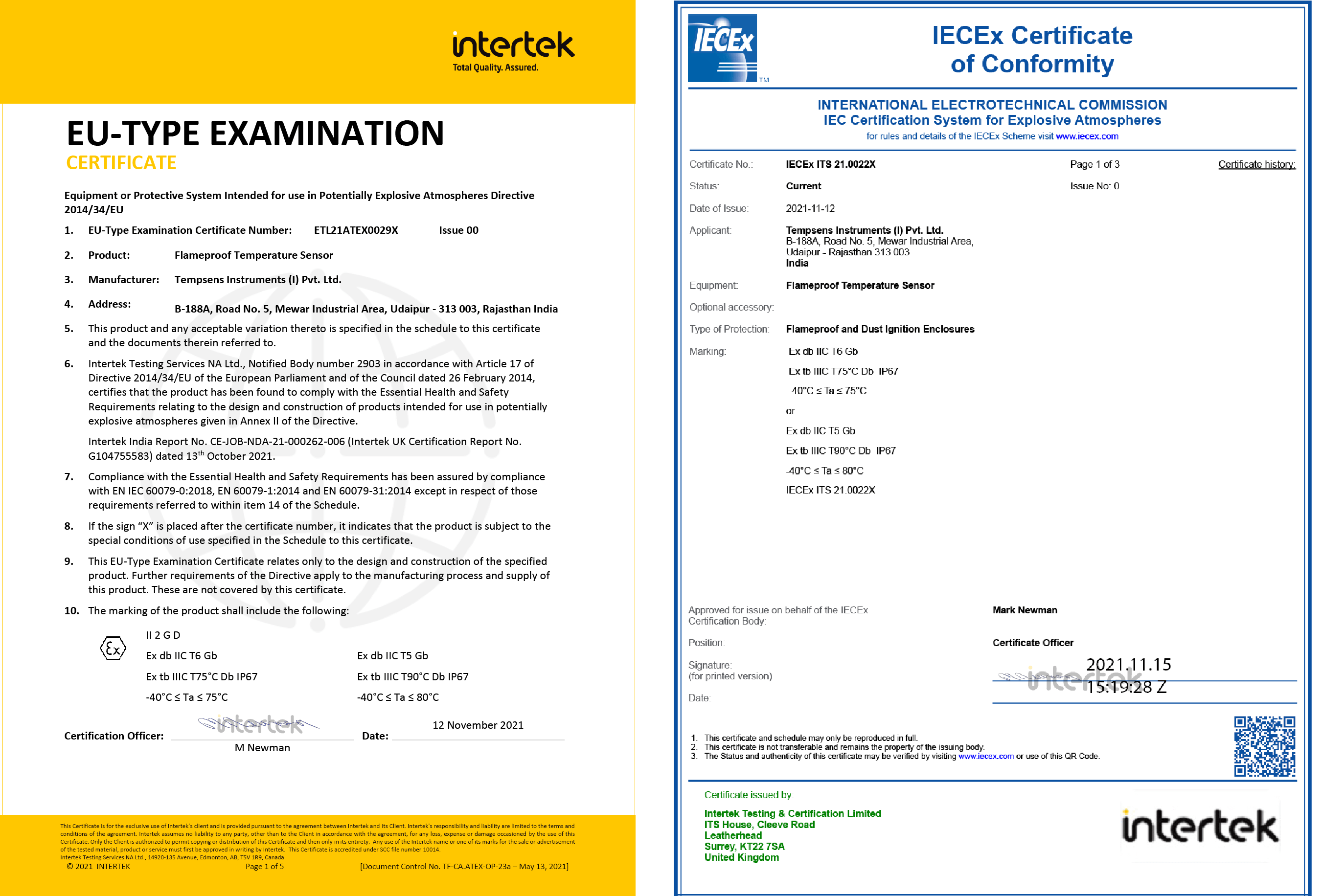 ATEX and IECEx Certificate
